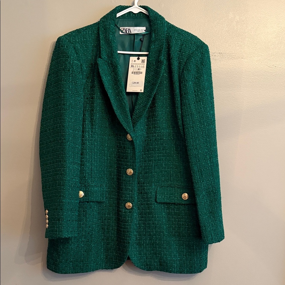 Zara Emerald Textured Blazer with Gold Buttons